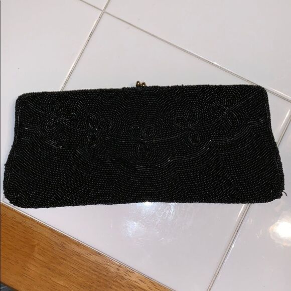 Vtg Walborg black beaded evening bag/mirror & coin purse - Picture 5 of 8